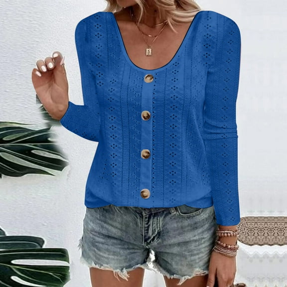 asjyhkr Plus Size Womens Blouses Long Sleeve Button Crew Neck Pullover Solid Color Breathable Casual Fashion Vacation Workout Outdoor Tops,S-5XL