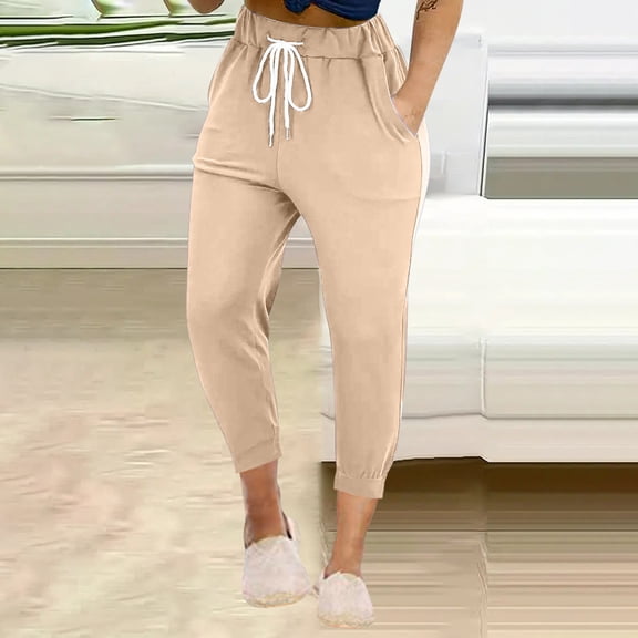 asjyhkr Plus Size Womens Pants Drawstring High Waist Casual Hiking Vacation Outdoor Cropped Pants with Pockets,S-5XL