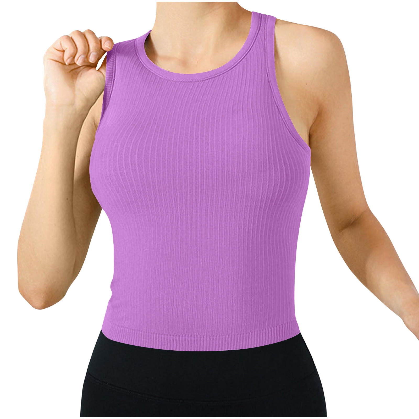 asjyhkr Ribbed Tank Tops for Women with Shelf Bra Stretch Crew Neck ...