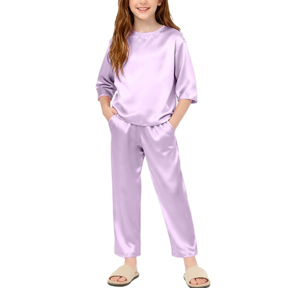 asjyhkr Satin Loungewear Sets for Boys Girls 3/4 Sleeve Pullover Tshirt Casual Pants Classic Homewear Fall Outfits(13-14 Years,Purple)
