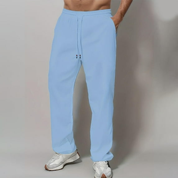 asjyhkr Sweatpants for Men Casual Cotton Linen Drawstring Elastic Waist Joggers Athletic Running Active Gym Trousers with Pockets