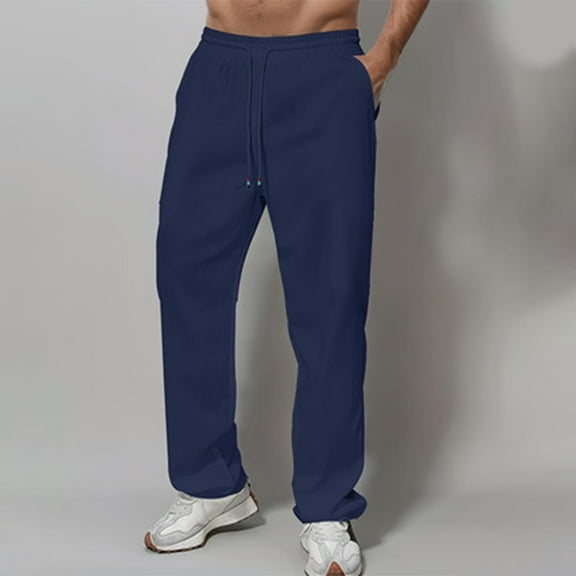 asjyhkr Sweatpants for Men Casual Cotton Linen Drawstring Elastic Waist Joggers Athletic Running Active Gym Trousers with Pockets