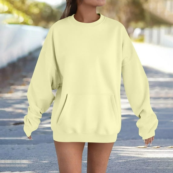 asjyhkr Sweatshirts for Women Crew Neck Long Sleeve Pullover Solid Color Casual Breathable Hiking Vacation Workout Tops with Pockets