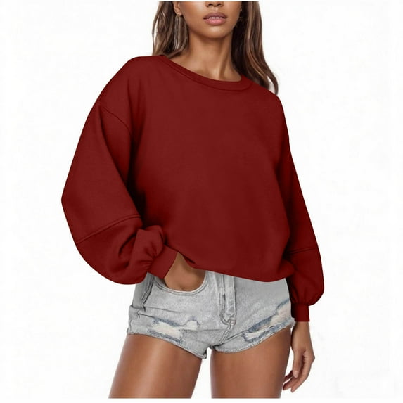 asjyhkr Sweatshirts for Women Long Sleeve Crew Neck Pullover Fashion Casual Loose Solid Color Gym Workout Hiking Tops