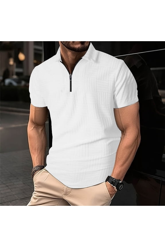 T-Shirt for Men Short Sleeve Zipper Solid Color Polyester Casual Athletic Workwear Lapel