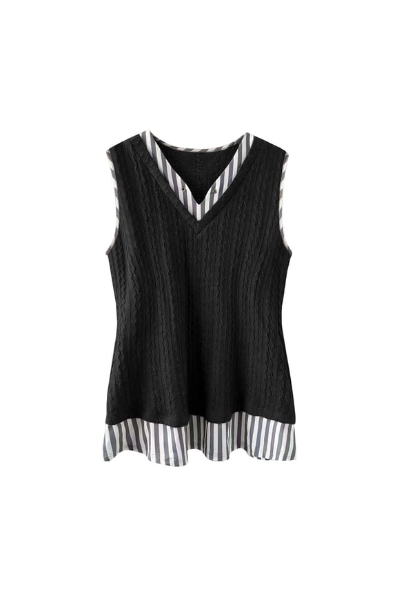 Tops for Women V Neck Sleeveless Cable Knit Blouses Summer Casual Loose Fitting Sweater Tops