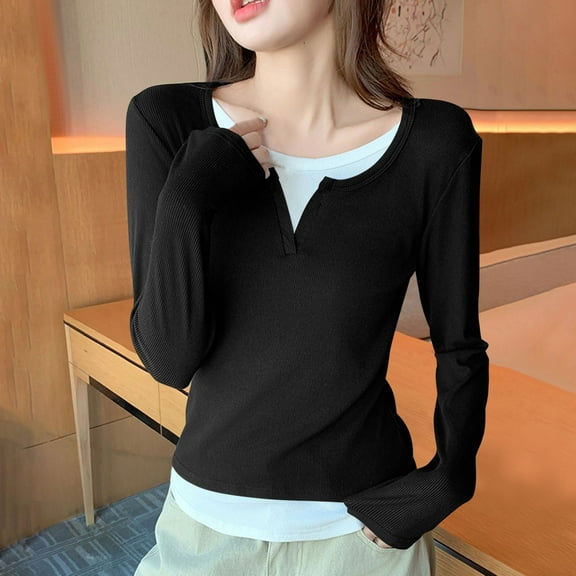 asjyhkr Women Blouses 2 in 1 Long Sleeve Crew Neck Shirts Trendy Casual Lightweight Outdoor Hiking Holiday Solid Color Tops