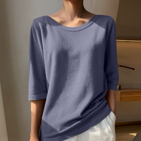 asjyhkr Women Blouses 3/4 Sleeve Crew Neck Loose Shirts Breathable Casual Hiking Vacation Holiday Solid Color Tops