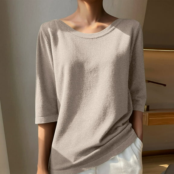 asjyhkr Women Blouses 3/4 Sleeve Crew Neck Loose Shirts Breathable Casual Hiking Vacation Holiday Solid Color Tops