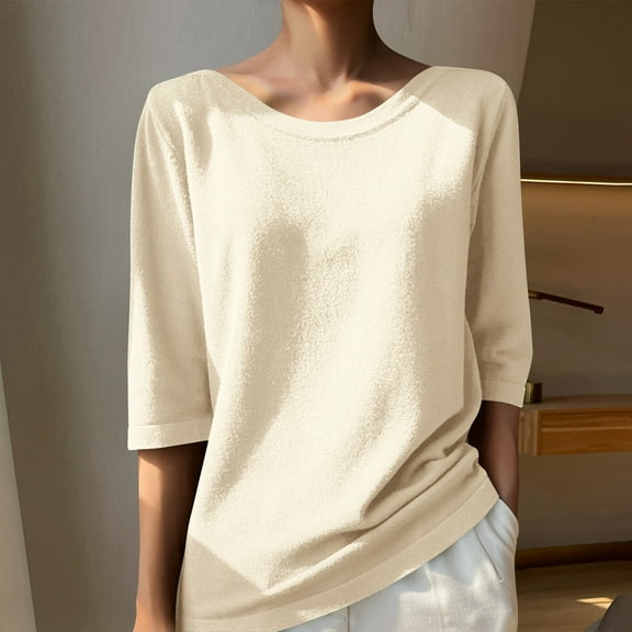 asjyhkr Women Blouses 3/4 Sleeve Crew Neck Loose Shirts Breathable Casual Hiking Vacation Holiday Solid Color Tops