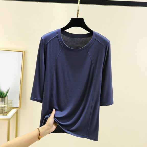 asjyhkr Women Blouses Crew Neck 3/4 Sleeve Loose Pajama Tops Casual Breathable Home Sleepwear Solid Color Shirts