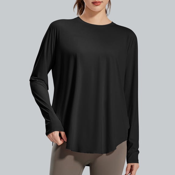 asjyhkr Women Blouses Crew Neck Long Sleeve Quick Drying Shirts Loose Breathable Running Gym Workout Solid Color Tops