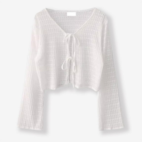 asjyhkr Women Blouses Long Sleeve V Neck Drawstring Knit Cardigan Casual Lightweight Outdoor Hiking Vacation Sun Shirts