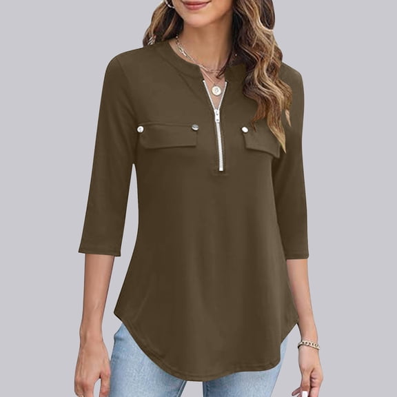 asjyhkr Womens Blouses 3/4 Sleeve Zipper Crew Neck Pullover Casual Loose Breathable Lightweight Solid Color Work Business Dress Tops