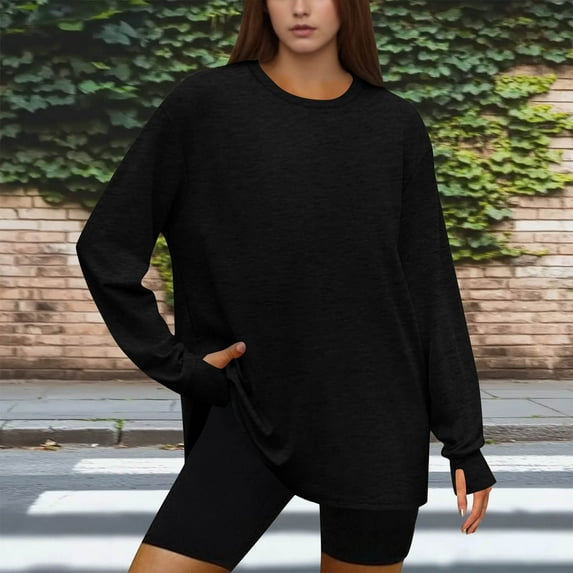 asjyhkr Womens Blouses Crew Neck Long Sleeve Pullover Casual Loose Stretch Breathable Solid Color Running Gym Workout Tops