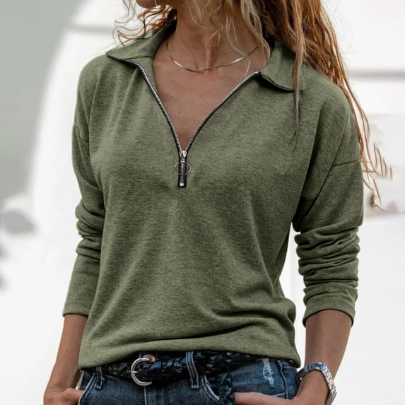 asjyhkr Womens Blouses Fleece Zipper Lapel Long Sleeve Pullover Fashion Casual Solid Color Breathable Thermal Workout Gym Hiking Tops