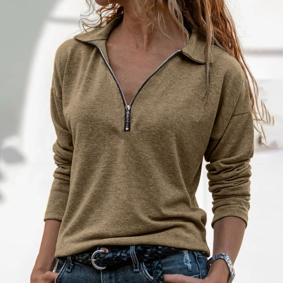 asjyhkr Womens Blouses Fleece Zipper Lapel Long Sleeve Pullover Fashion Casual Solid Color Breathable Thermal Workout Gym Hiking Tops