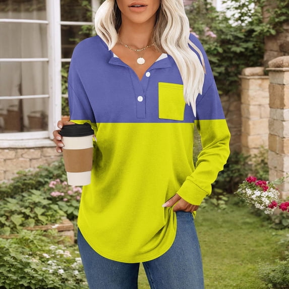 asjyhkr Womens Blouses Long Sleeve Button Lapel Pullover Color Block Fashion Breathable Casual Vacation Gym Workout Tops with Pocket