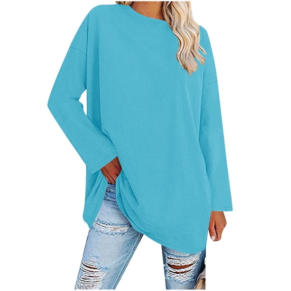 asjyhkr Womens Blouses Long Sleeve Crew Neck Fashion Loose Casual Solid Color Breathable Comforty Outdoor Hiking Workout Tops