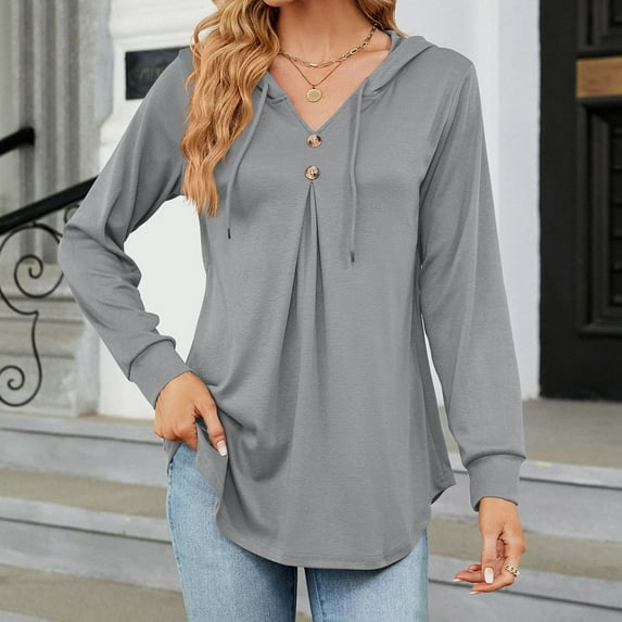 asjyhkr Womens Hoodies Long Sleeve Button V Neck Drawstring Hooded Fleece Pullover Loose Casual Solid Color Hiking Vacation Outdoor Tops