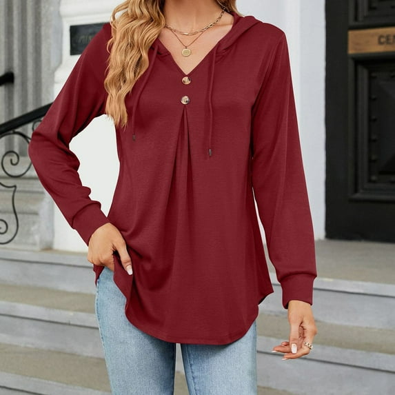asjyhkr Womens Hoodies Long Sleeve Button V Neck Drawstring Hooded Fleece Pullover Loose Casual Solid Color Hiking Vacation Outdoor Tops