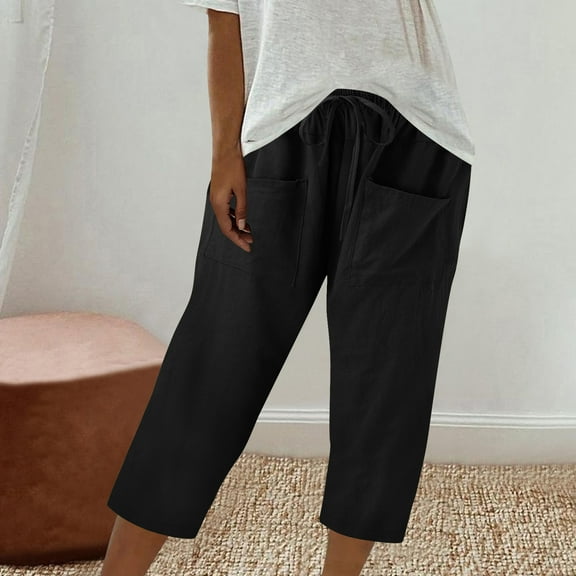 asjyhkr Womens Linen Capri Pants Drawstring Elastic Waist Breathable Summer Beach Vacation Pants with Pockets