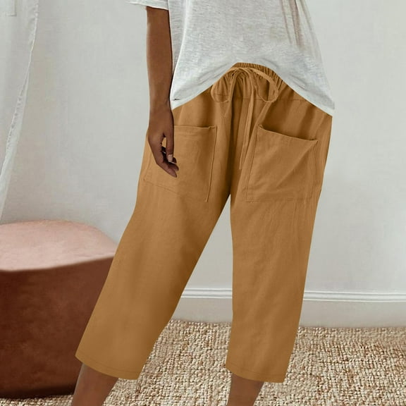 asjyhkr Womens Linen Capri Pants Drawstring Elastic Waist Breathable Summer Beach Vacation Pants with Pockets