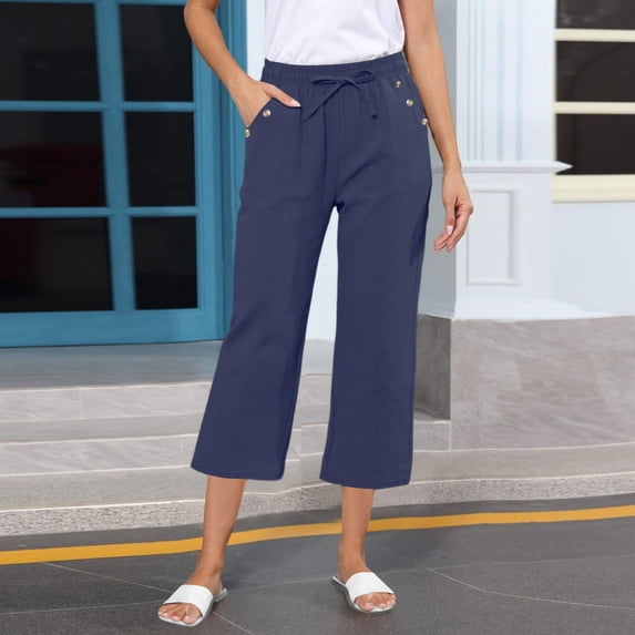asjyhkr Womens Linen Capri Pants Elastic Waist Drawstring Lightweight Beach Vacation Pants with Button Pockets