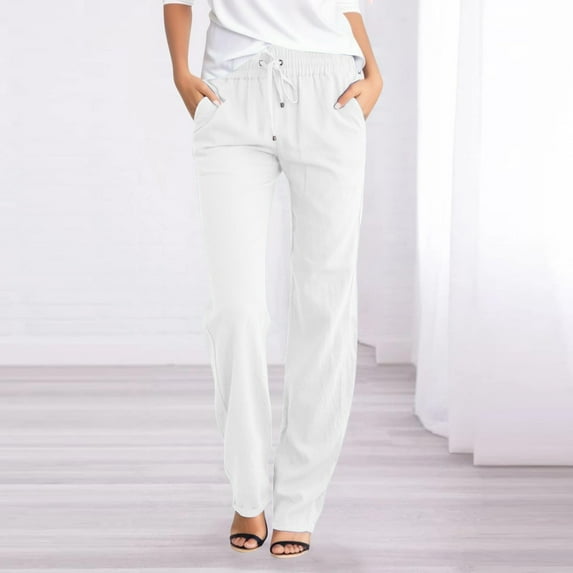 asjyhkr Womens Linen Pants Stretch High Waist Drawstring Lounge Vacation Beach Trousers with Pockets