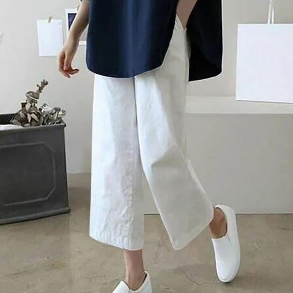 asjyhkr Womens Linen Pants Wide Leg High Waist Breathable Casual Hiking Vacation Capri Pants with Pockets