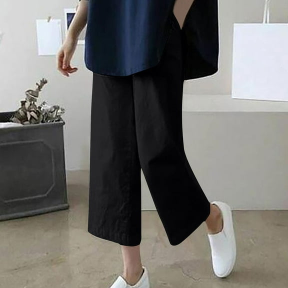 asjyhkr Womens Linen Pants Wide Leg High Waist Breathable Casual Hiking Vacation Capri Pants with Pockets