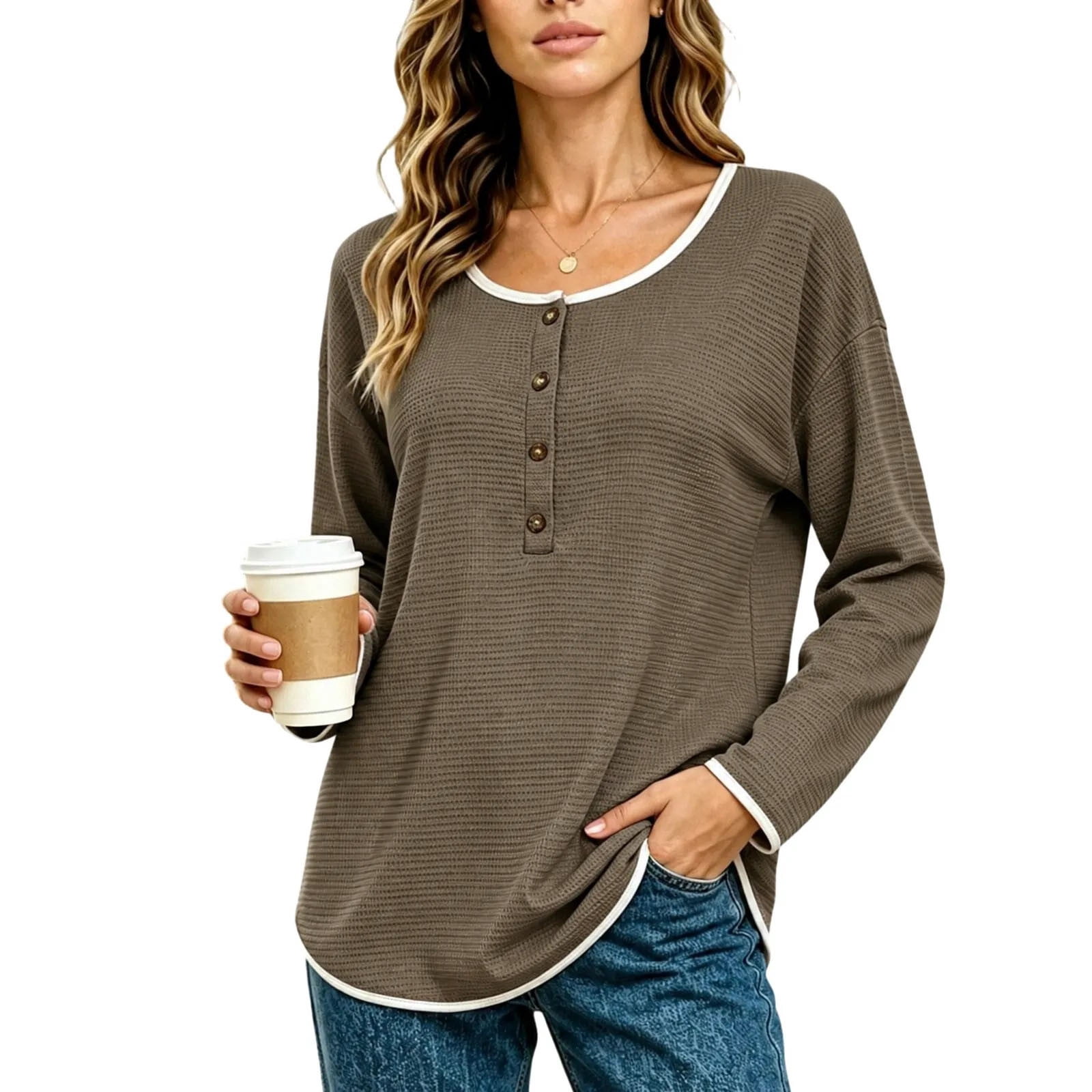 Ad Color Brown asjyhkr Womens Long Sleeve Henley Shirts Textured Casual Streetwear ...