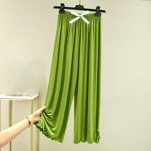 asjyhkr Womens Pajama Pants Drawstring Elastic Waist Ruffle Wide Leg Solid Color Loose Casual Breathable Homewear Sleepwear Plush Pants