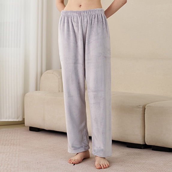 asjyhkr Womens Pajama Pants Fleece Lined Elastic Waist Flannel Sleepshirts Breathable Thermal Wide Leg Casual Homewear Solid Color Pants