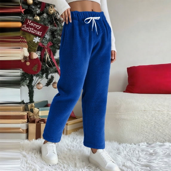asjyhkr Womens Pants Fleece High Waist Drawstring Fashion Solid Color Casual Thermal Breathable Gym Workout Hiking Pants With Pockets