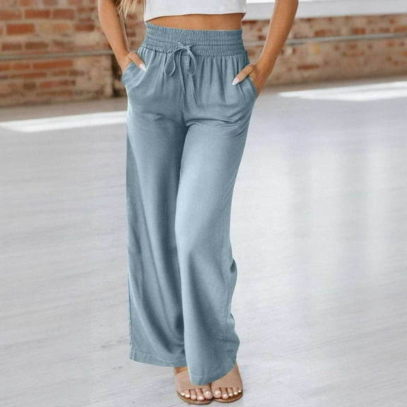 asjyhkr Womens Pants High Waist Drawstring Casual Solid Color Loose Wide Leg Lightweight Breathable Hiking Outdoor Workout Pants with Pockets