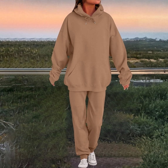 asjyhkr Womens Sets 2 Piece Long Sleeve Hooded Sweatshirts High Waist Jogger Sweatpants Casual Thermal Gym Workout Running Sets With Pockets