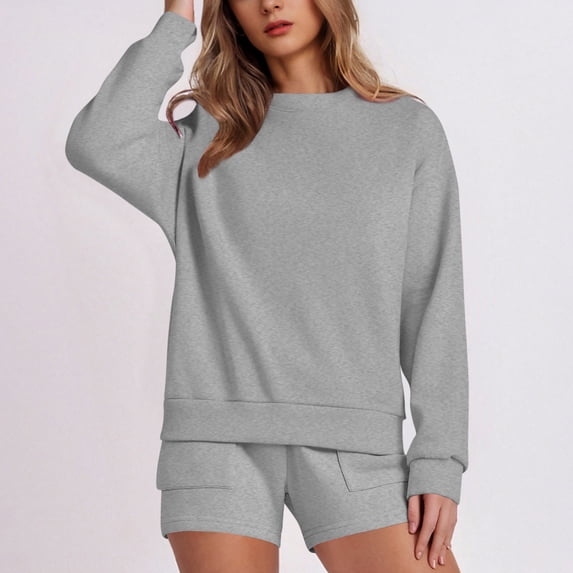 asjyhkr Womens Sets 2 Pieces Long Sleeve Crew Neck Sweatshirts High Waist Shorts Casual Outdoor Workout Fashion Gym Sweatsuits Sets(M,Gray)