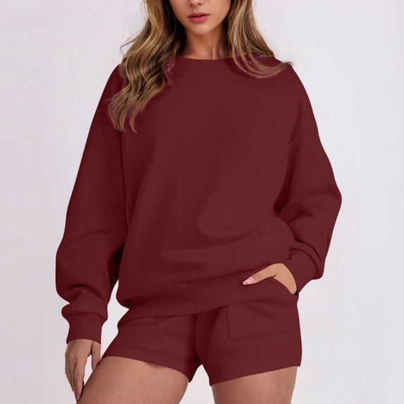 asjyhkr Womens Sets 2 Pieces Long Sleeve Crew Neck Sweatshirts High Waist Shorts Fashion Casual Outdoor Workout Gym Running Solid Color Sets