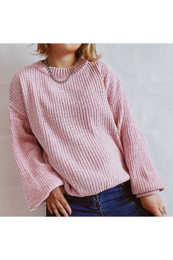 Womens Sweaters Knit Striped Long Sleeve Crew Neck Pullover Casual Loose Thermal Running Gym Workout Fall Sweaters