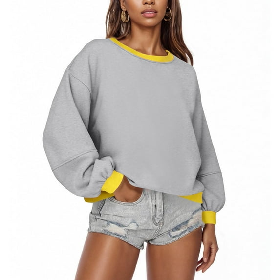 asjyhkr Womens Sweatshirts Long Sleeve Crew Neck Pullover Color Block Loose Casual Solid Color Running Gym Workout Tops