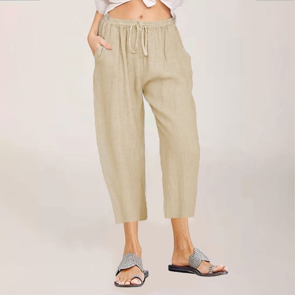 asjyhkr Wowomens Linen Capri Shorts Wide Leg Drawstring Elastic Waist Lightweight Hiking Camping Shorts with Pockets