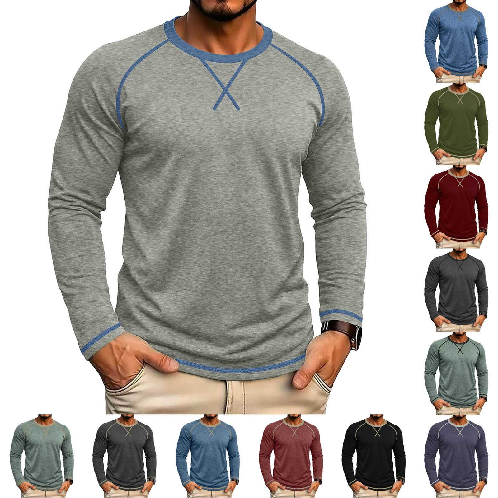 Stictch Fall asntrgd Men's Crew Neck Long Sleeve Contrast Stitch Casual Slim Fit ...