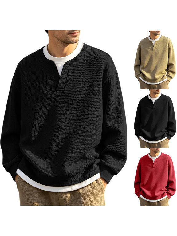 Mens Waffle Long Sleeve Shirt Casual Tees Fashion V Crewneck Fall Plain Comfy Clothes Pullover Color Block Fake Two-Piece Henley Shirts Red XXXL
