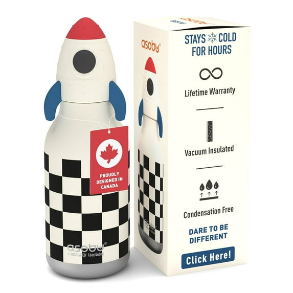 asobu Bestie Bottle Insulated Stainless Steel Water Bottle with Detachable Soft Animal Head Fun Drinking For Kids and Teens with Flexible Reusable Straw 16 Ounce (Rocket Checker)