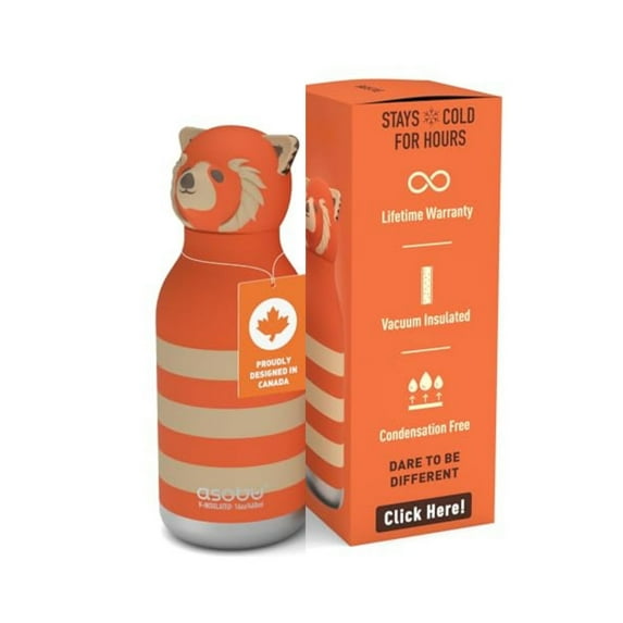 asobu Bestie Bottle Insulated Stainless Steel Water Bottle with Detachable Soft Animal Head Fun Drinking For Kids and Teens16 Ounce with Flexible Reusable Straw (RED PANDA)