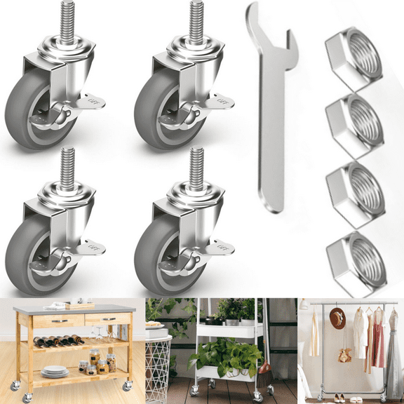 aster Wheels, 3" Locking Swivel Stem Casters Set, 3/8"-16 x 1 (Screw Diameter 3/8", Length1-1/2") Rubber Castors with 360 Degree No Noise Wheels