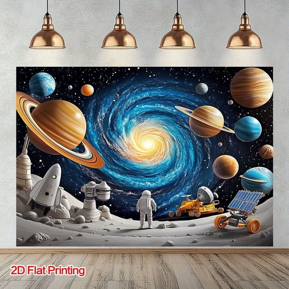 An astronaut-themed tapestry featuring a space adventure motif. Crafted from polyester fiber, it is easy to hang and suitable for use in dormitories, bedrooms, parties, and outdoor settings.