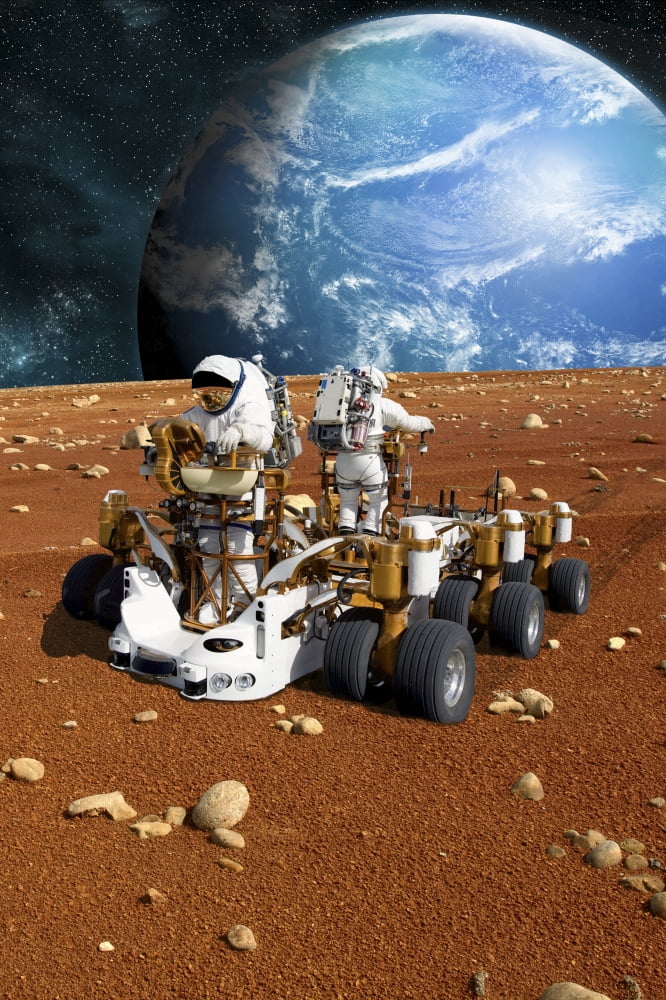 astronauts explore a barren moon on a rover Canvas Art - Marc WardStocktrek Images (12 x 17)