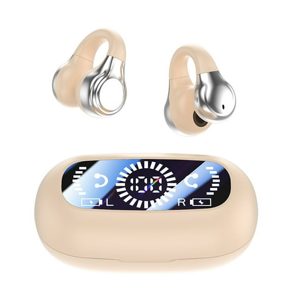 asxite Wireless Earbuds,Bones Conduction Bluetooth Earphones With Non In Ear Clip Style Sports Digital Display And Long Battery Life Wireless Earphones,Beige